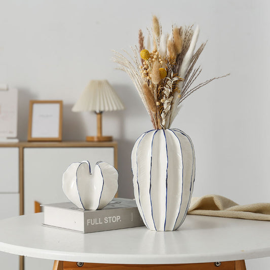 StripeElegance Vase – Modern Ceramic Vase with Hand-Drawn Blue Lines